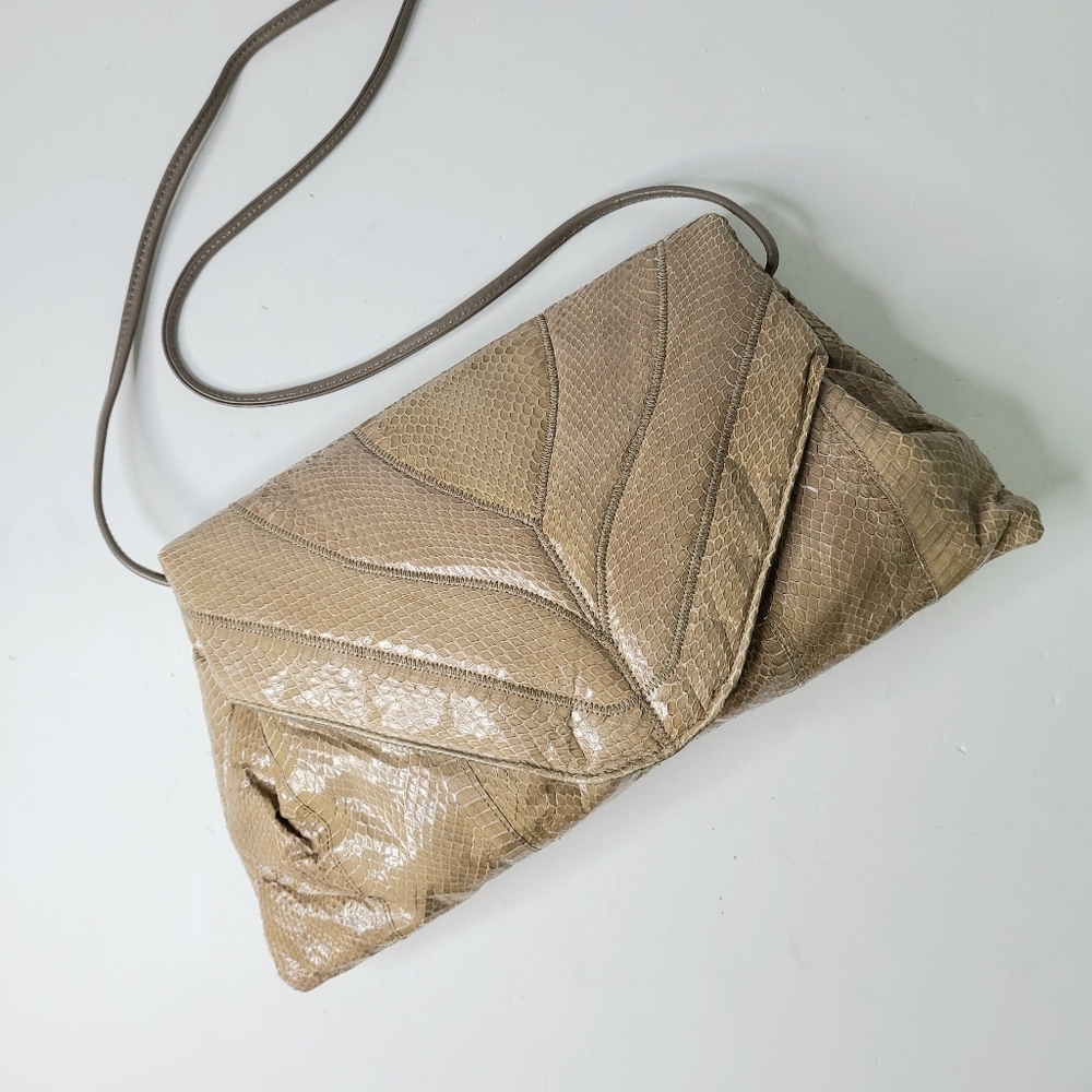 DiVina Quilted Tan Snakeskin Leather Vintage Clutch Crossbody Shoulder Bag